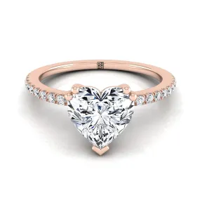 14K Rose Gold Heart Shape Center Diamond Simple French Pave Double Claw Prong Engagement Ring -1/6ctw