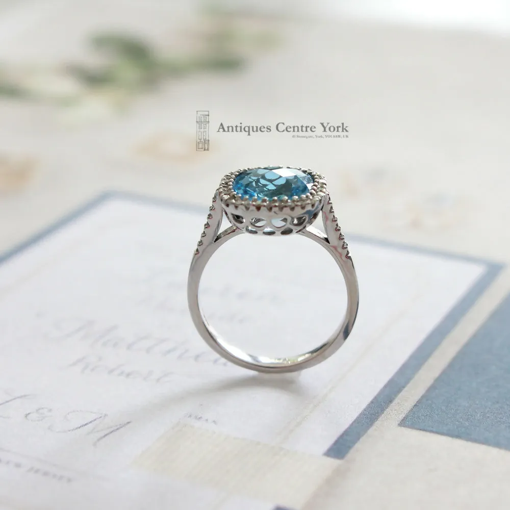 18ct White Gold Blue Topaz & Diamond Cluster Ring