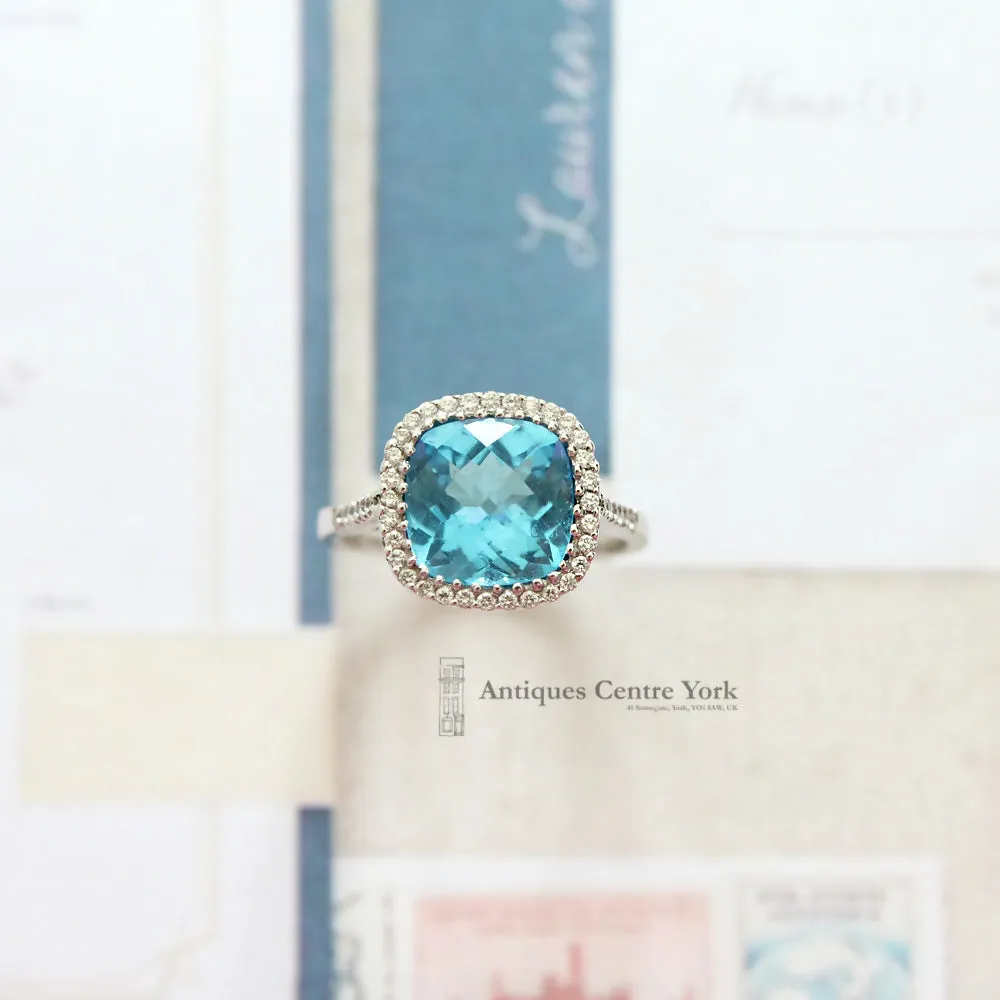 18ct White Gold Blue Topaz & Diamond Cluster Ring