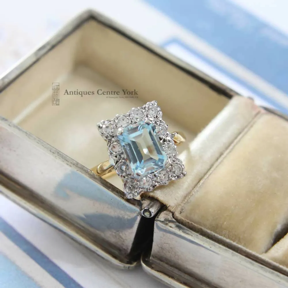 1980's 18ct Blue Topaz & Diamond Rectangular Cluster Ring