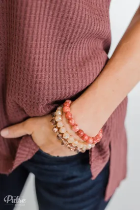 3 Layer Beaded Bracelet Set- Rose Gold, Cream, Cherry