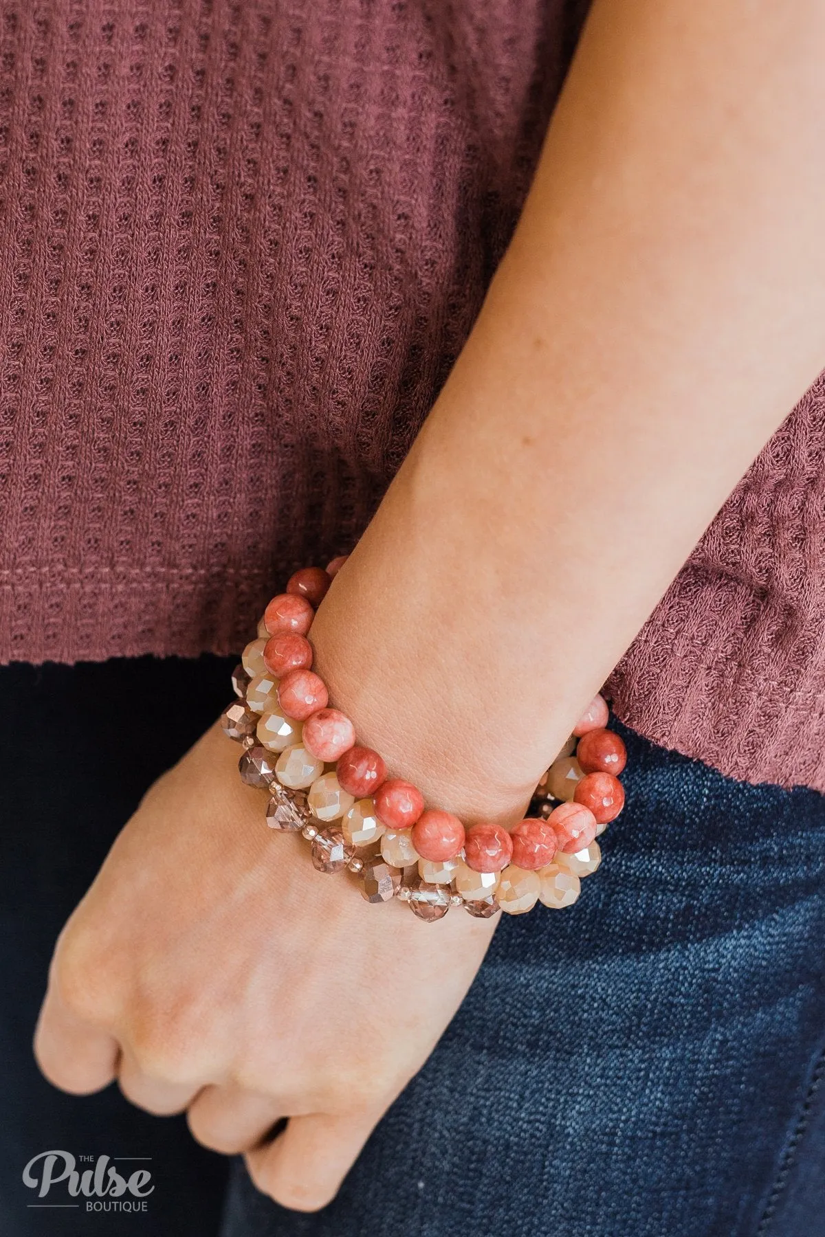 3 Layer Beaded Bracelet Set- Rose Gold, Cream, Cherry