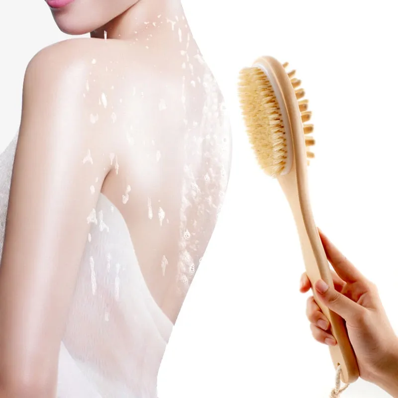 35Cm 2-In-1 Sided Natural Bristles Brush Scrubber Long Handle Wooden Spa Shower Brush Bath Body Mass