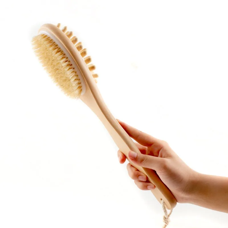 35Cm 2-In-1 Sided Natural Bristles Brush Scrubber Long Handle Wooden Spa Shower Brush Bath Body Mass