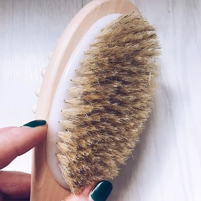 35Cm 2-In-1 Sided Natural Bristles Brush Scrubber Long Handle Wooden Spa Shower Brush Bath Body Mass