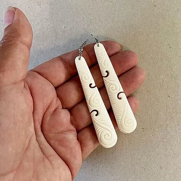 7cm Long Bone Earrings with Koru Carving