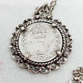 A 1916 Silver 3d Coin in a Silver Mount and Chain