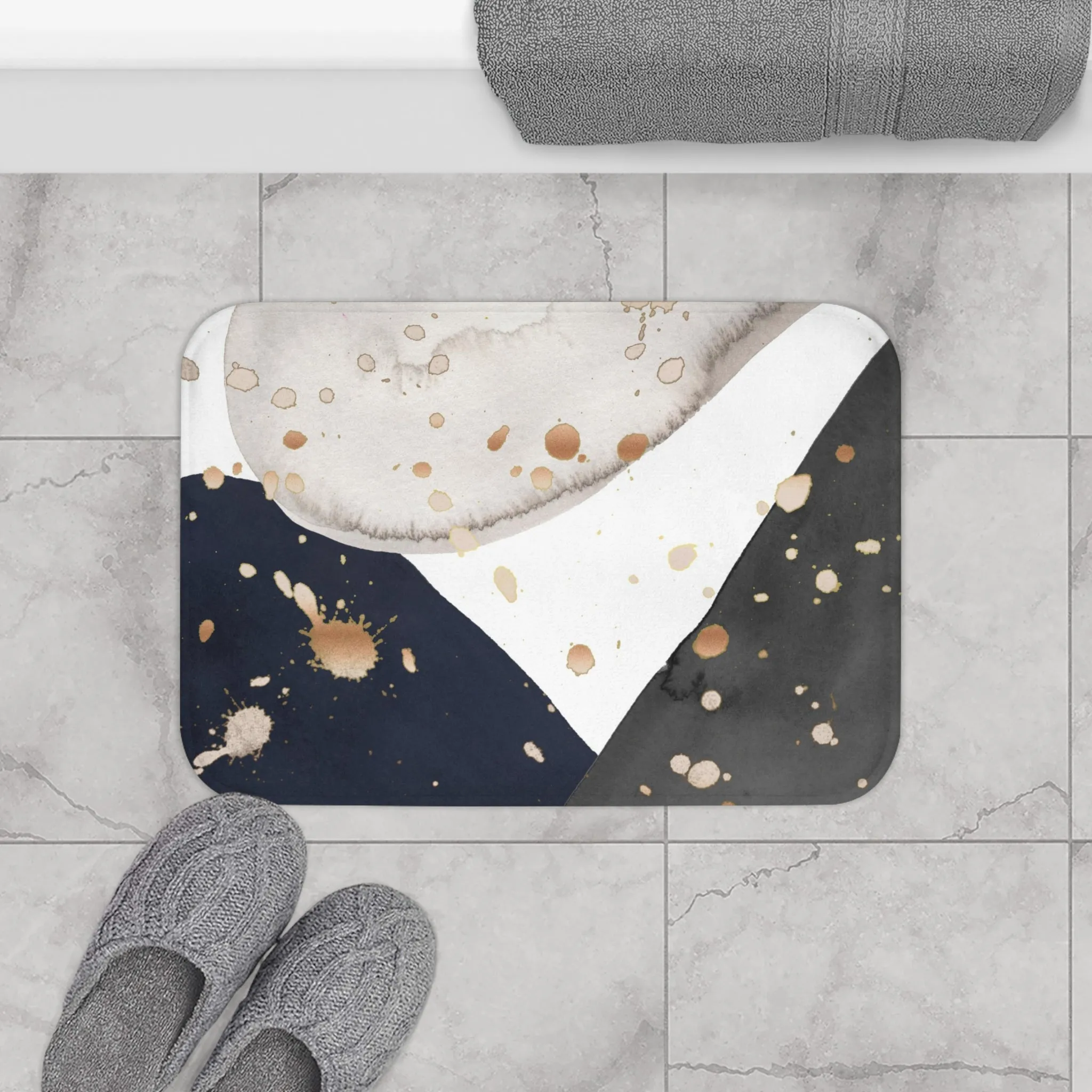 Abstract Bath Mat | Navy Blue, Gray Gold, White