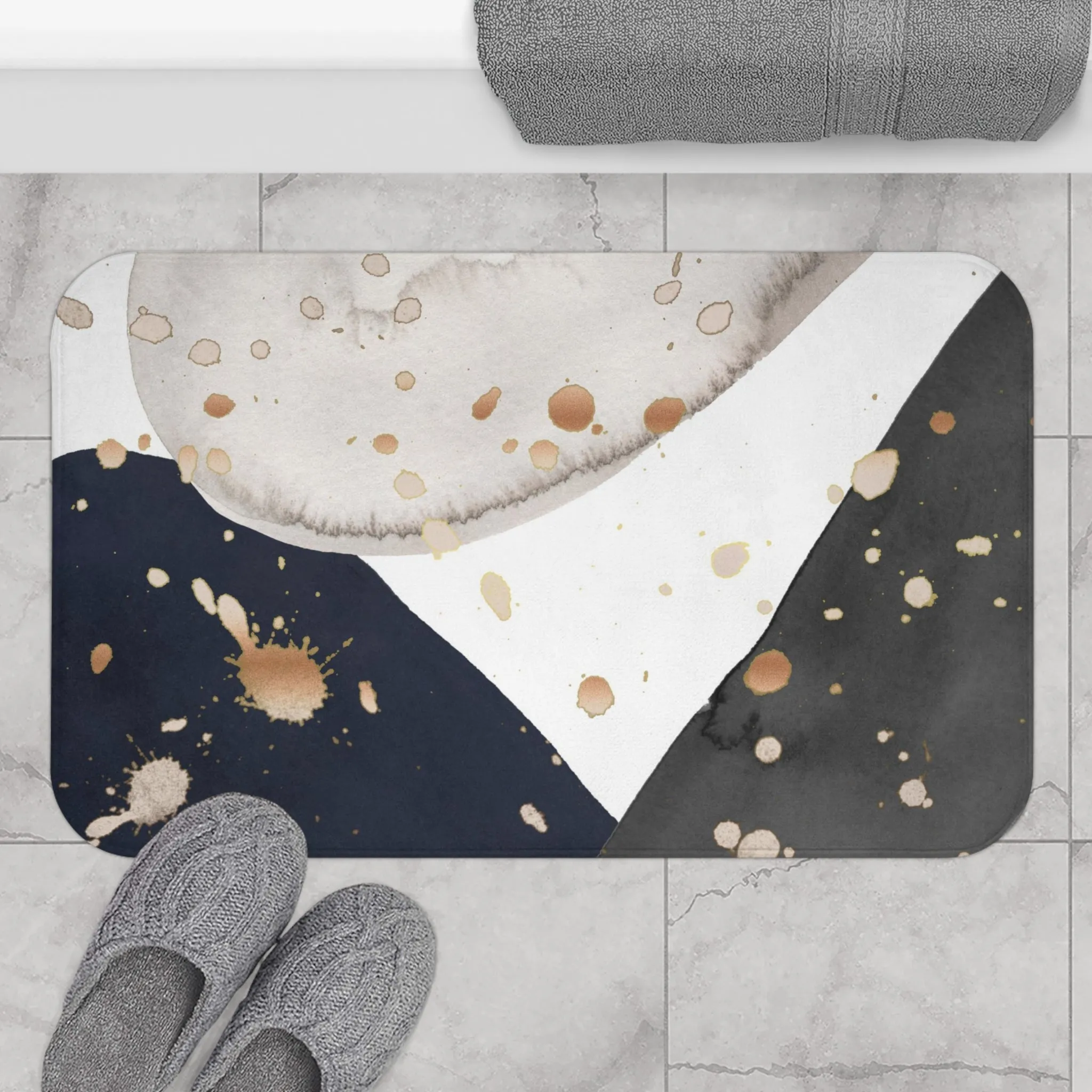 Abstract Bath Mat | Navy Blue, Gray Gold, White