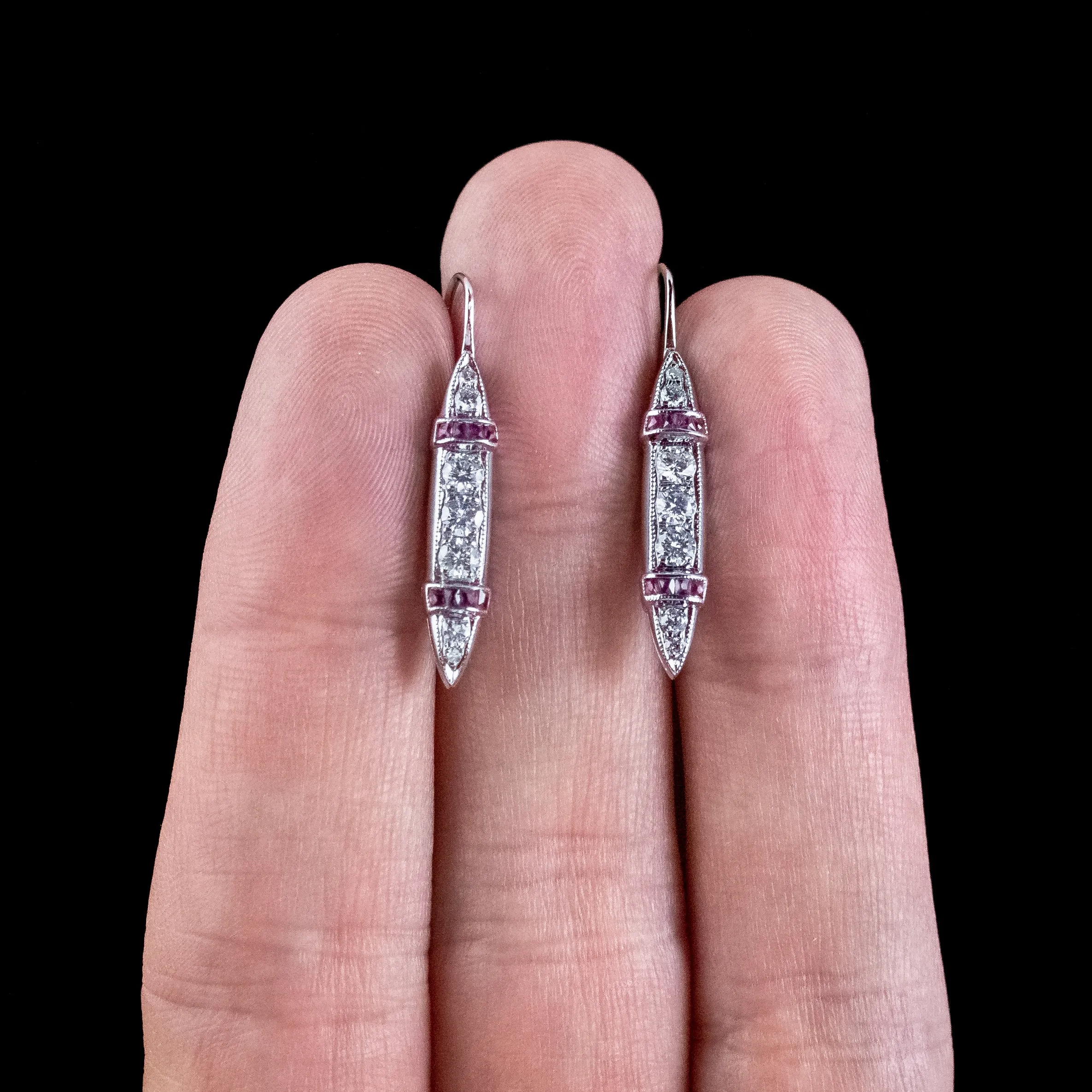 Antique Art Deco Ruby Diamond Drop Earrings 18ct Gold With Box