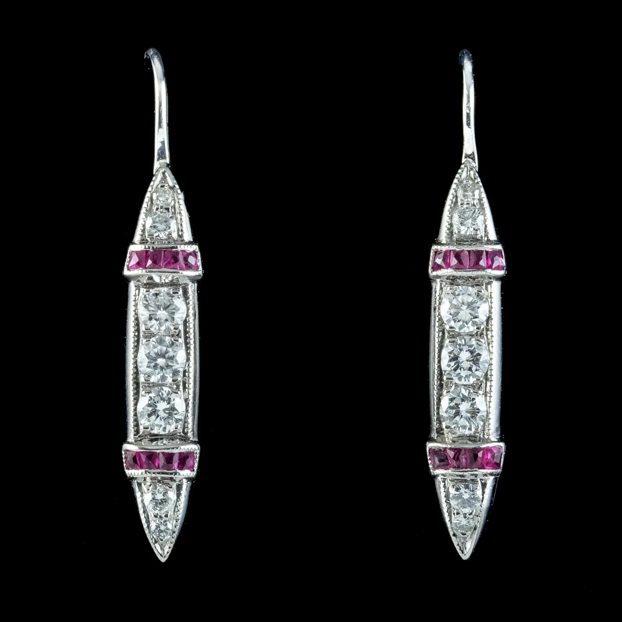 Antique Art Deco Ruby Diamond Drop Earrings 18ct Gold With Box