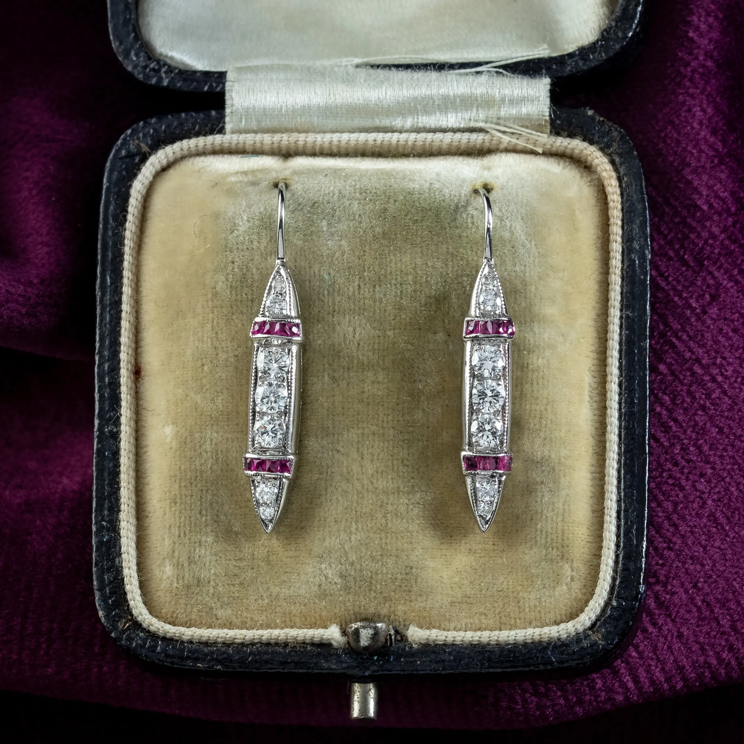 Antique Art Deco Ruby Diamond Drop Earrings 18ct Gold With Box