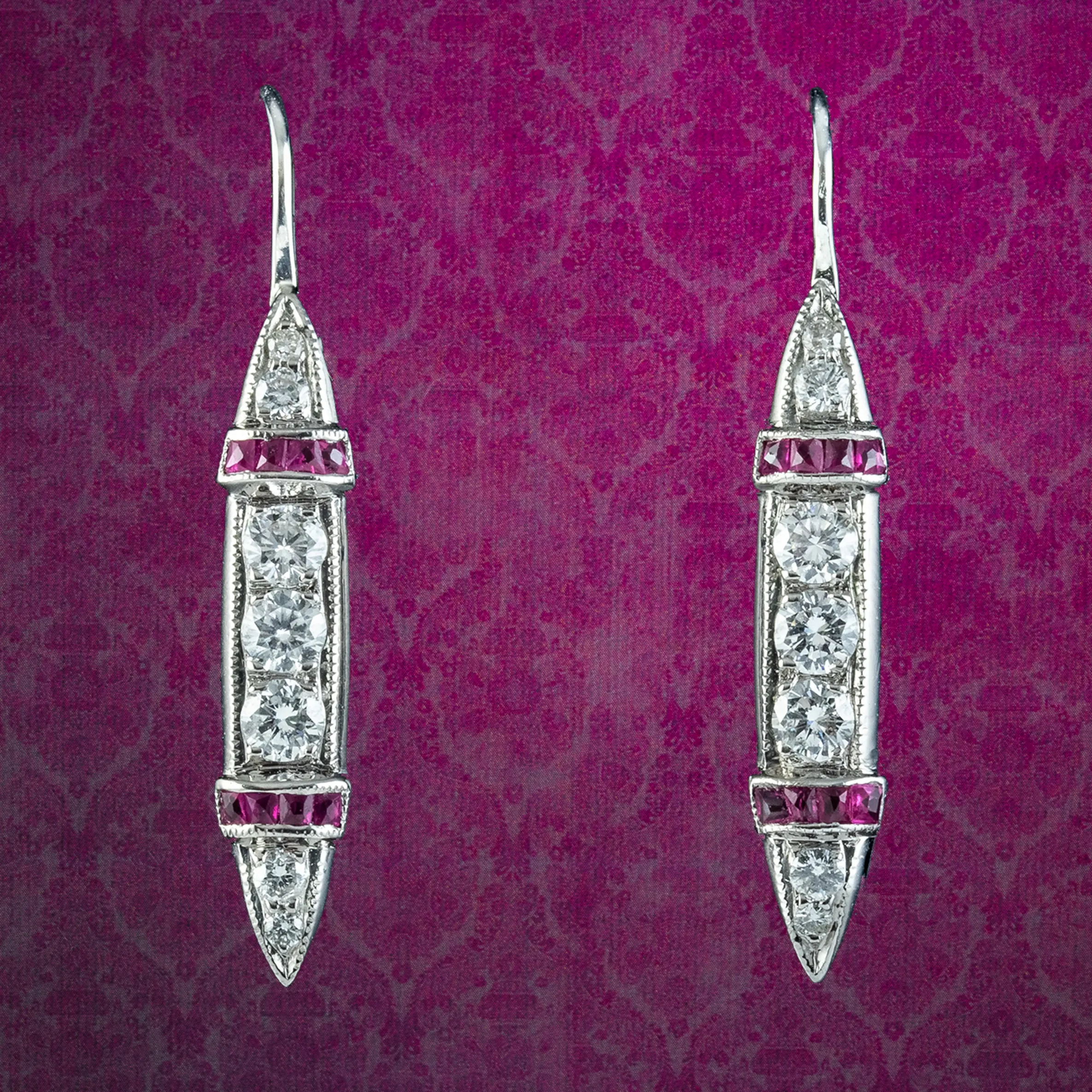 Antique Art Deco Ruby Diamond Drop Earrings 18ct Gold With Box