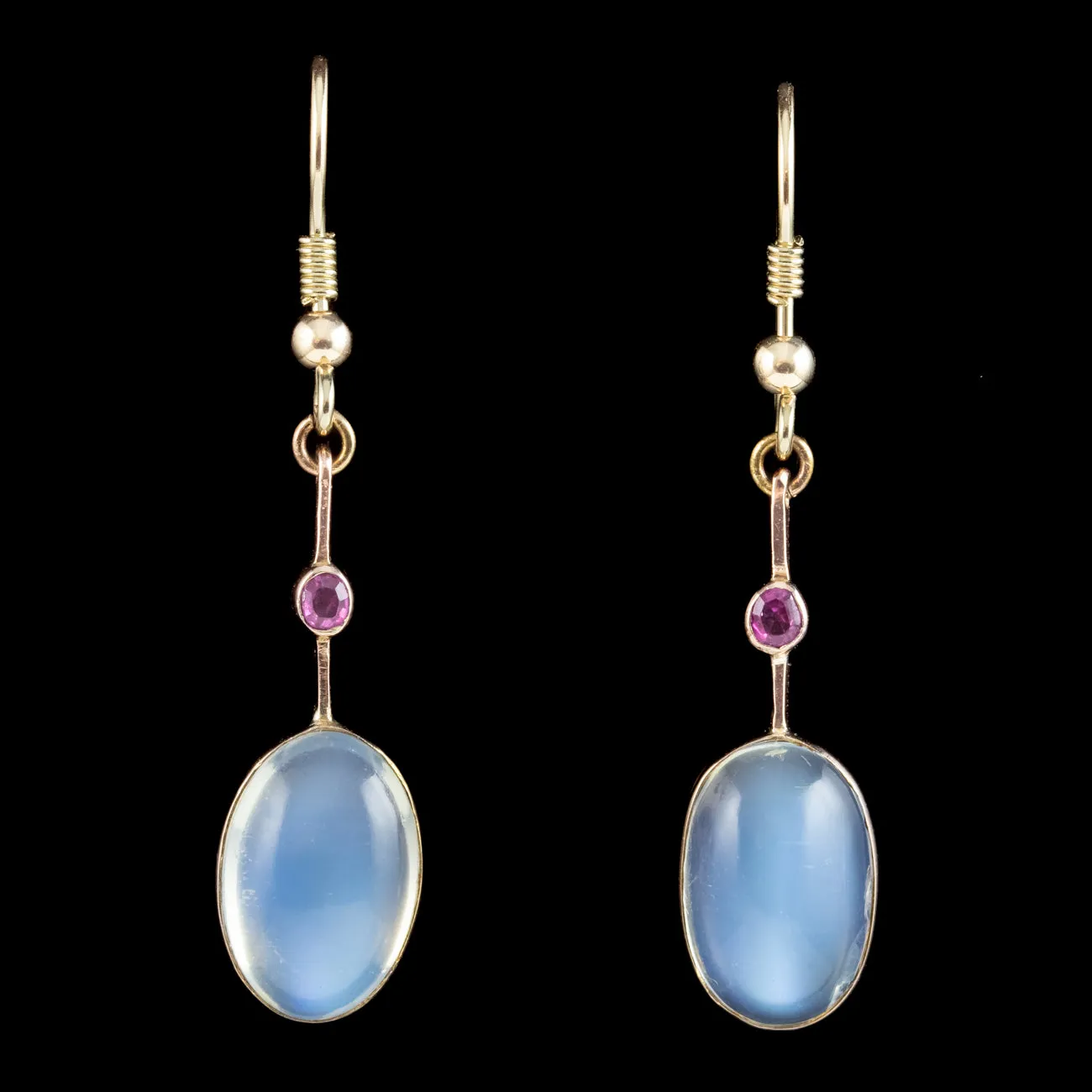 Antique Edwardian Moonstone Ruby Drop Earrings 15ct Gold