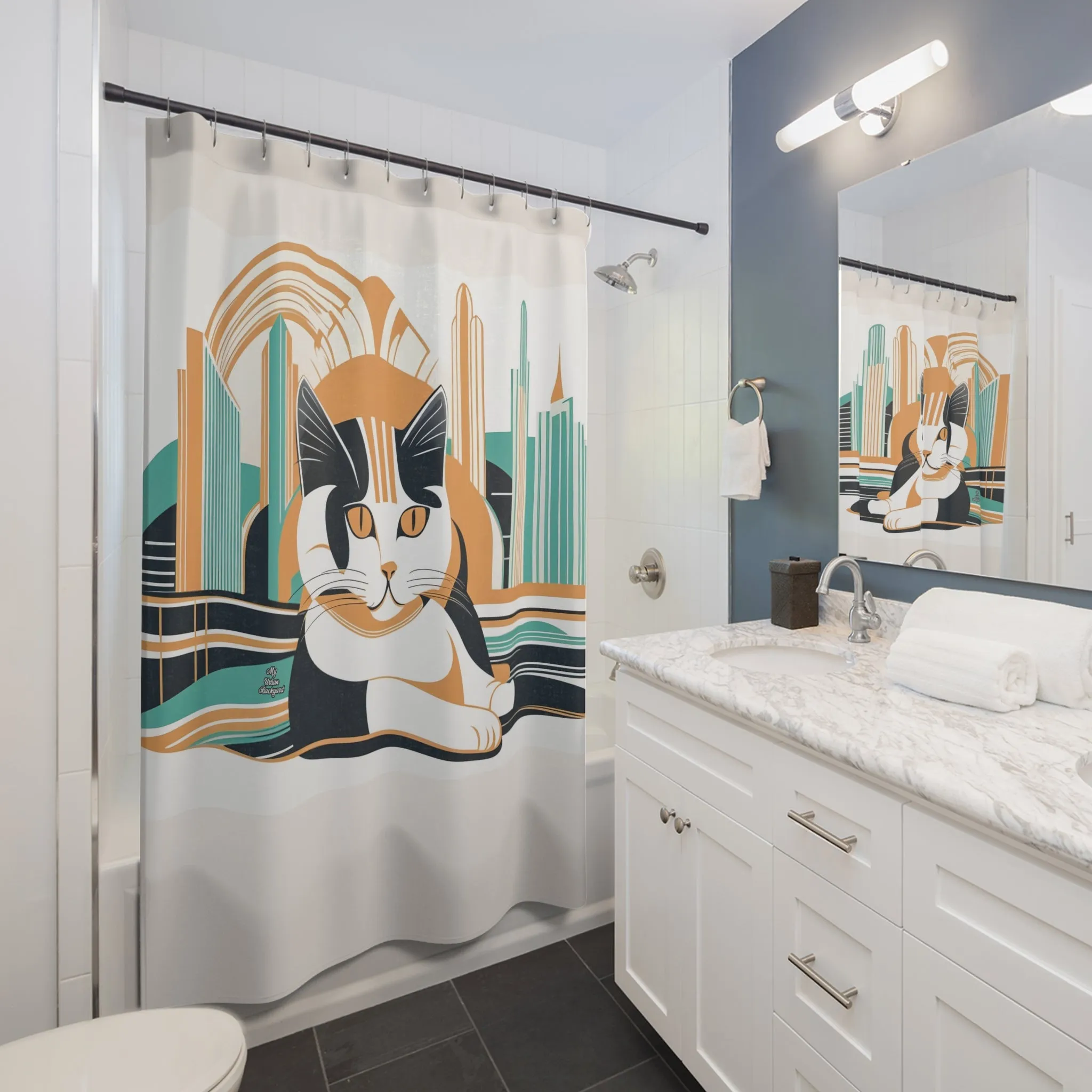 Art Deco Cat, Shower Curtain, Cream accent color - 71" x 74"