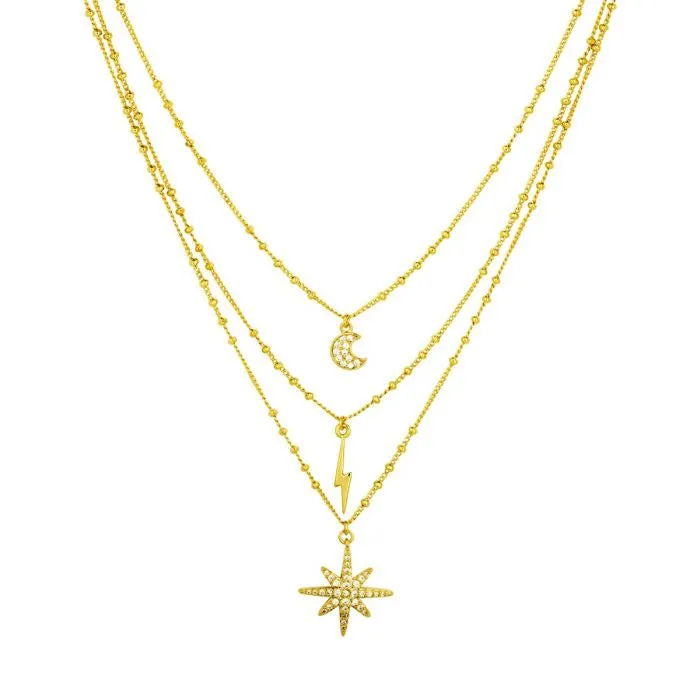 Ashiana JNC09248 3 Line Star & Moon Necklace in Gold