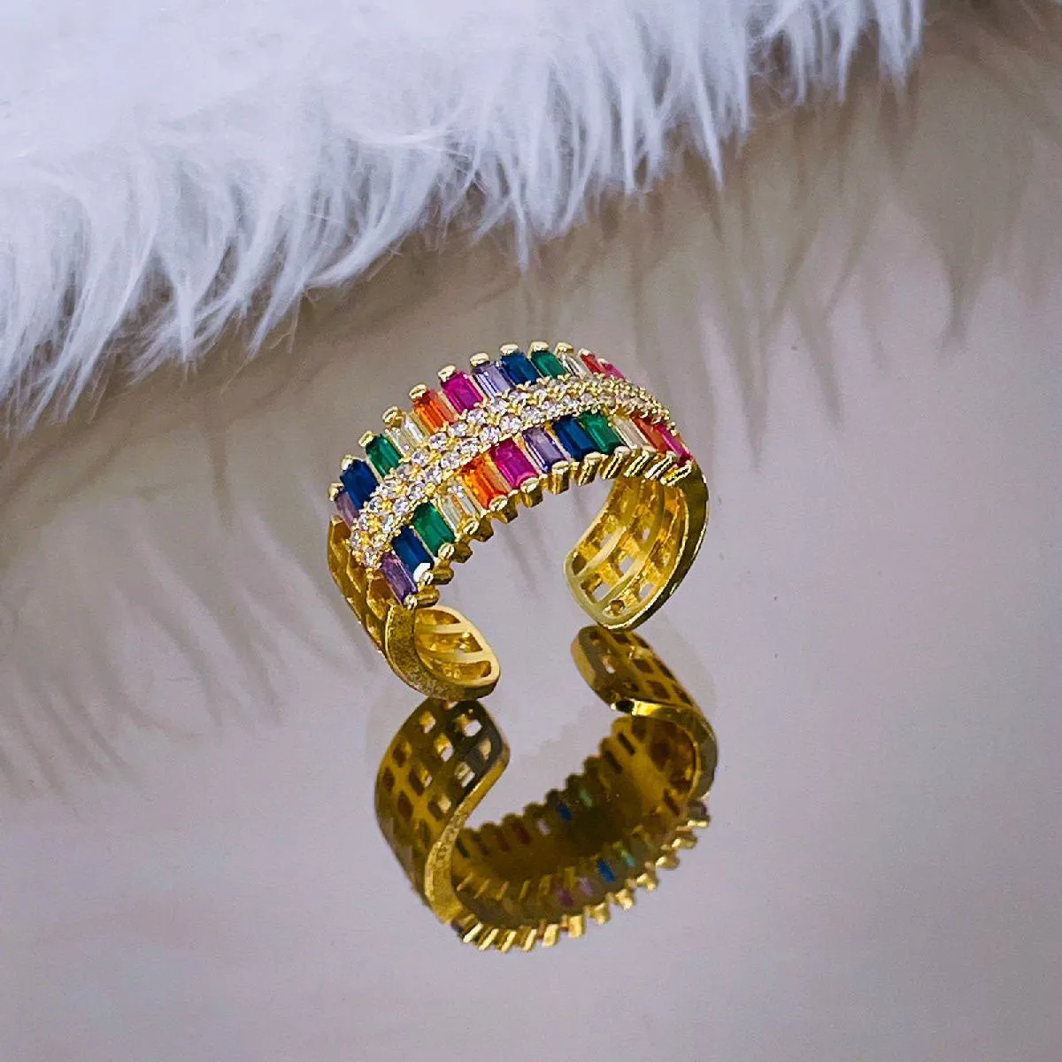 Baguette Rainbow Multi Colour Cubic Zirconia 18K Gold Copper Open Back Ring Women