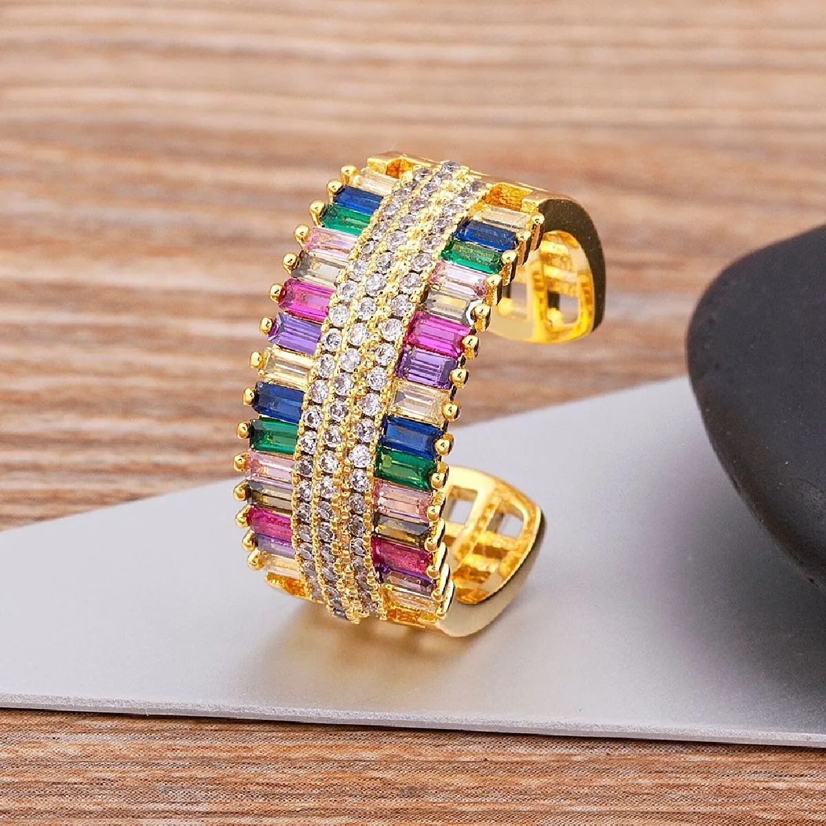 Baguette Rainbow Multi Colour Cubic Zirconia 18K Gold Copper Open Back Ring Women