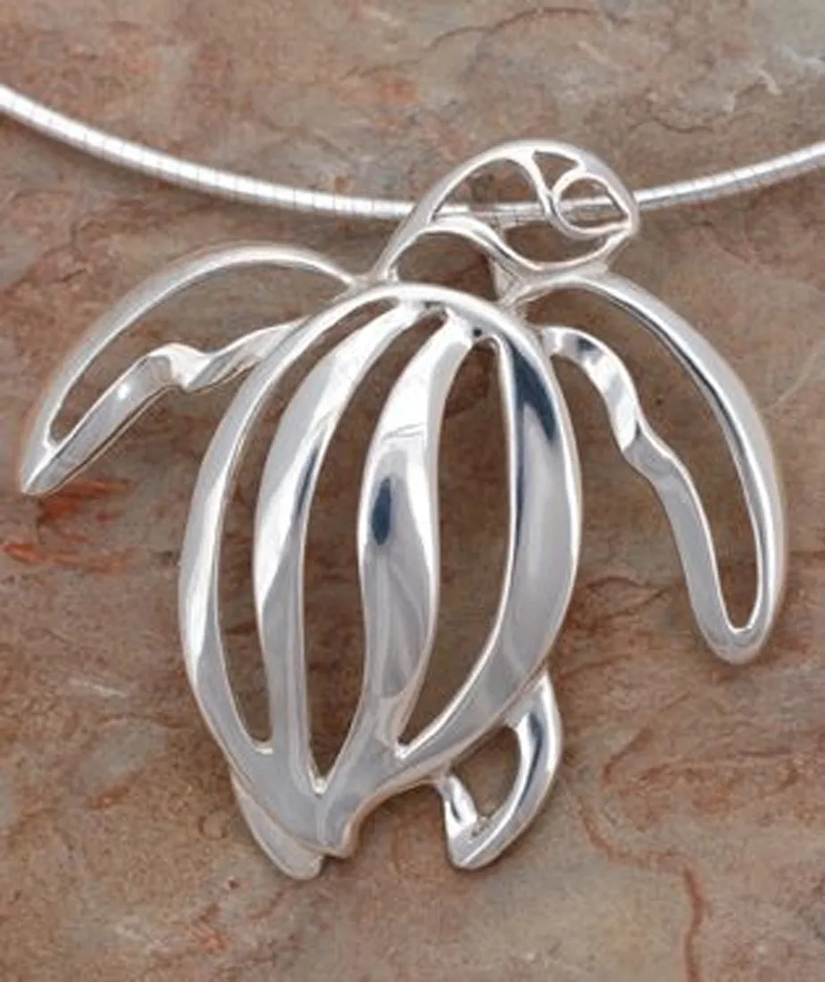 Big Blue Aquatic Seaplicity Sea Turtle Large Silver Pendant - Optional Chain Choices