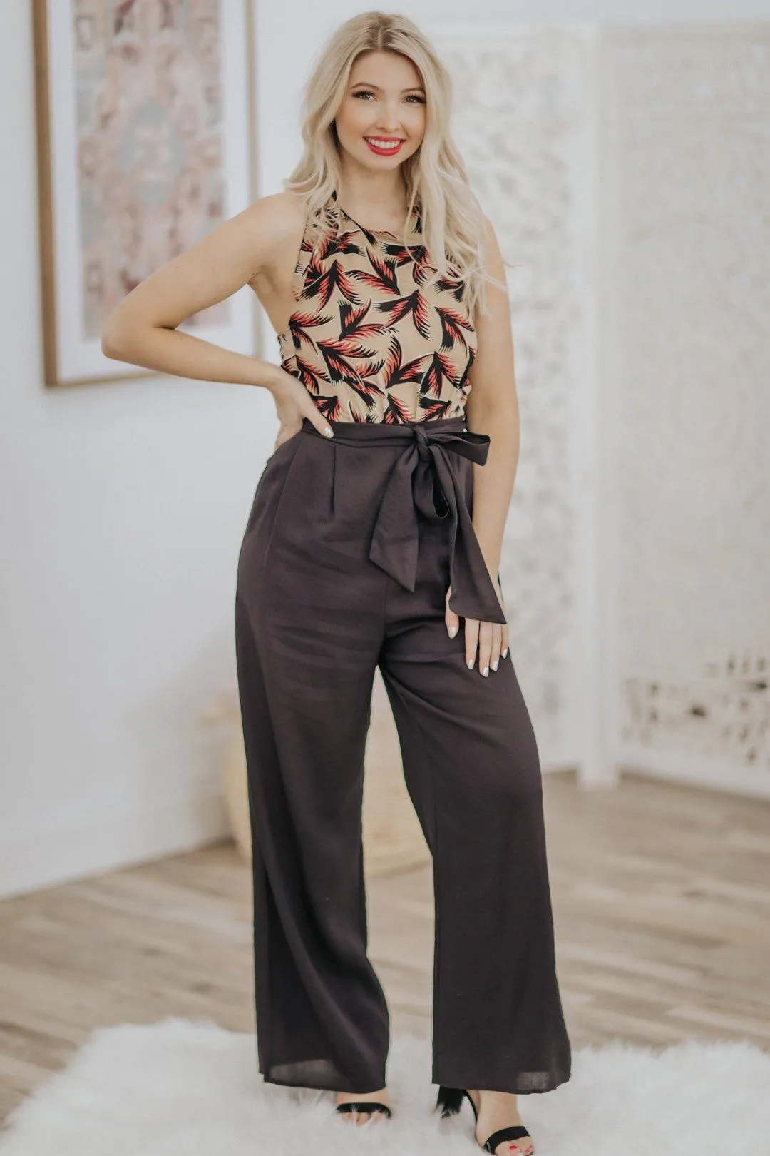 Could Be The One Fern Print Halter Top Sleeveless Jumpsuit in Taupe