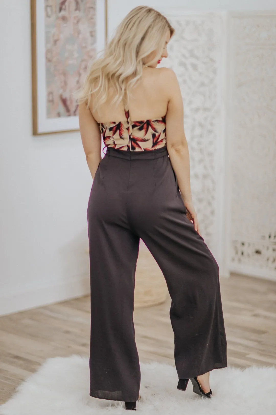 Could Be The One Fern Print Halter Top Sleeveless Jumpsuit in Taupe