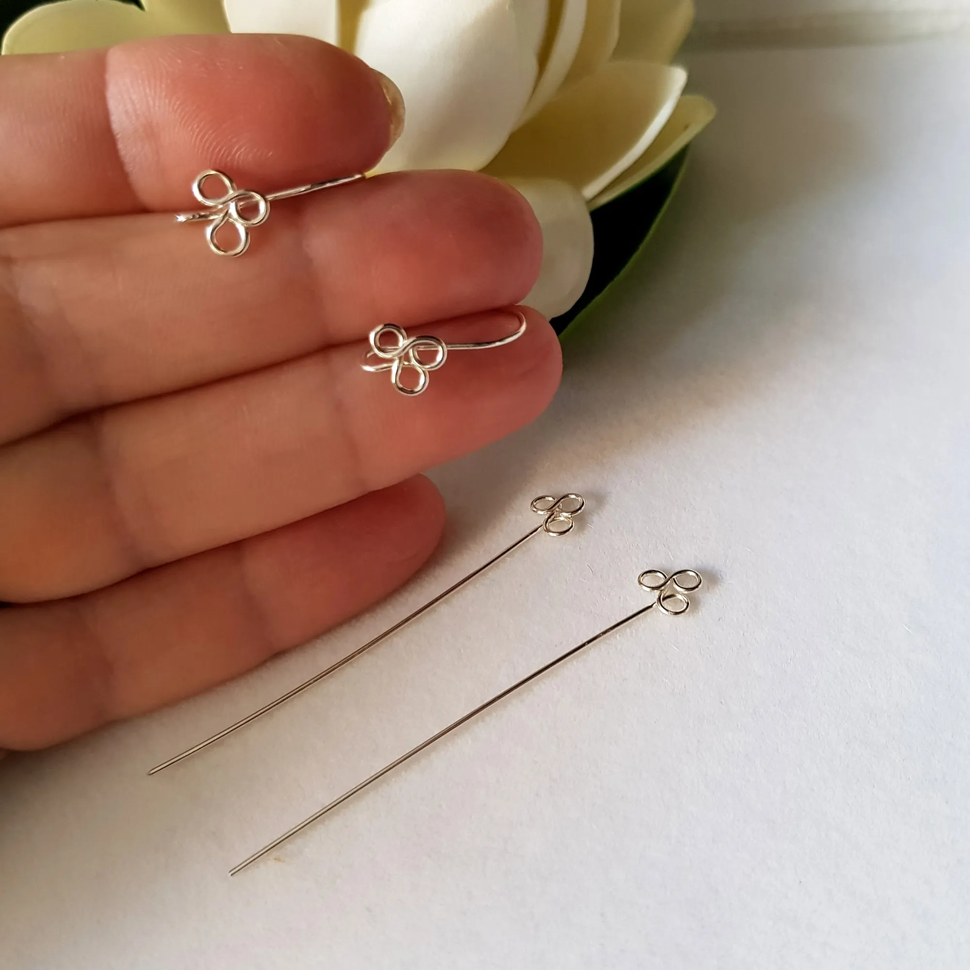 Ear Hook & Headpin Set [1 Pair] Fancy Clover Solid Sterling Silver | SS-029cEHset | Earring Making Supply