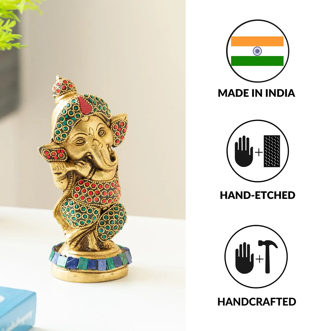 'Englighted Brass Ganesha' Showpiece Idol (Hand-Etched, 0.9 Kg)