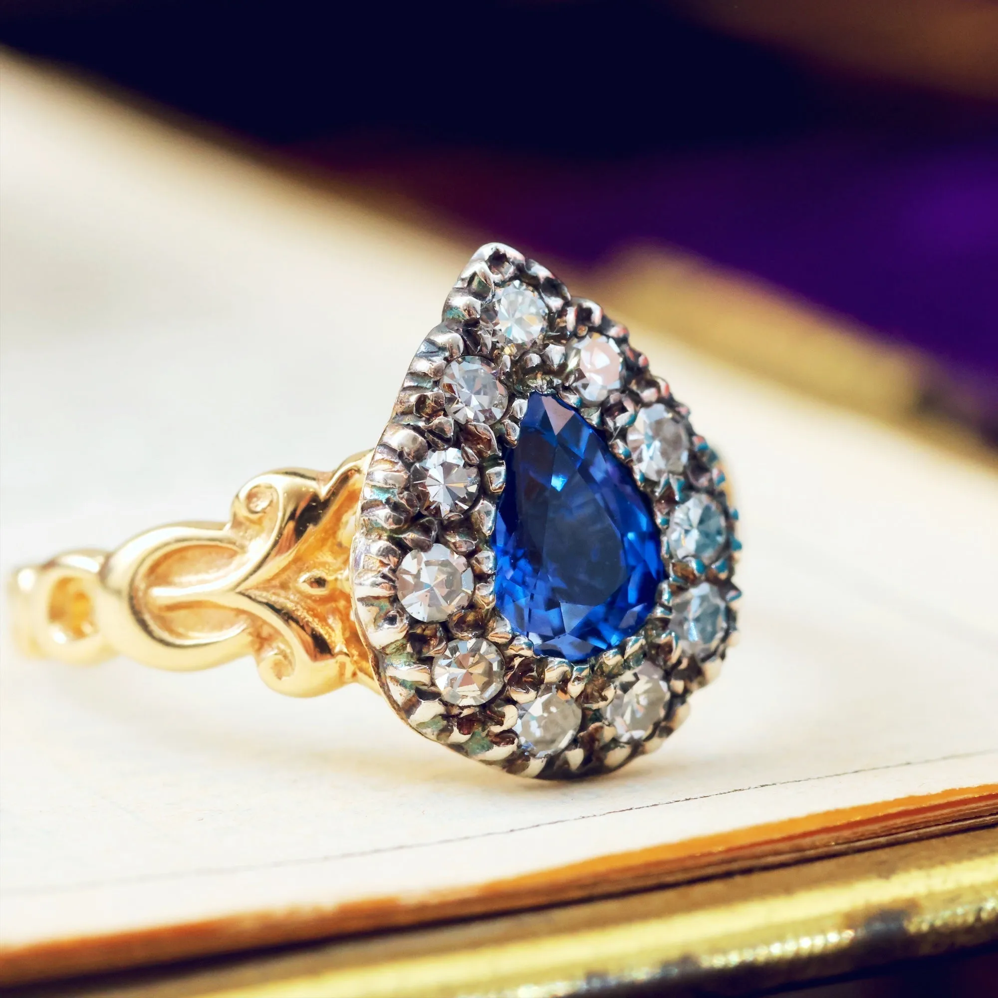 Georgian Styled Pear cut Sapphire & Diamond Ring