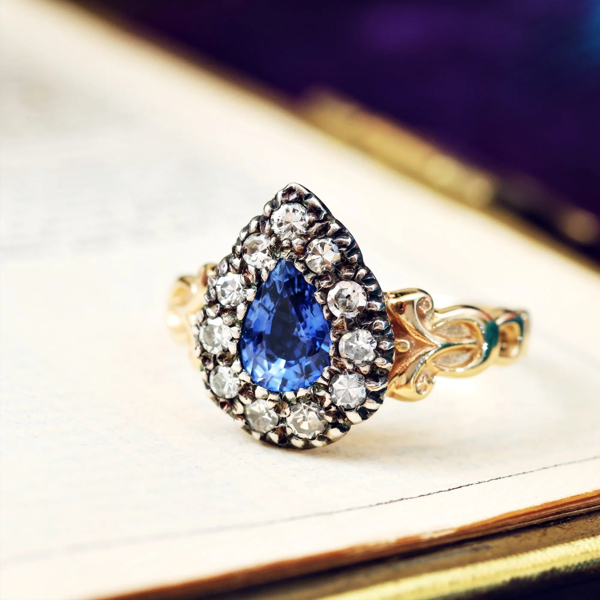 Georgian Styled Pear cut Sapphire & Diamond Ring