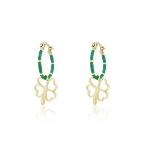 Gold coloured/green hoop earrings with a clover charm