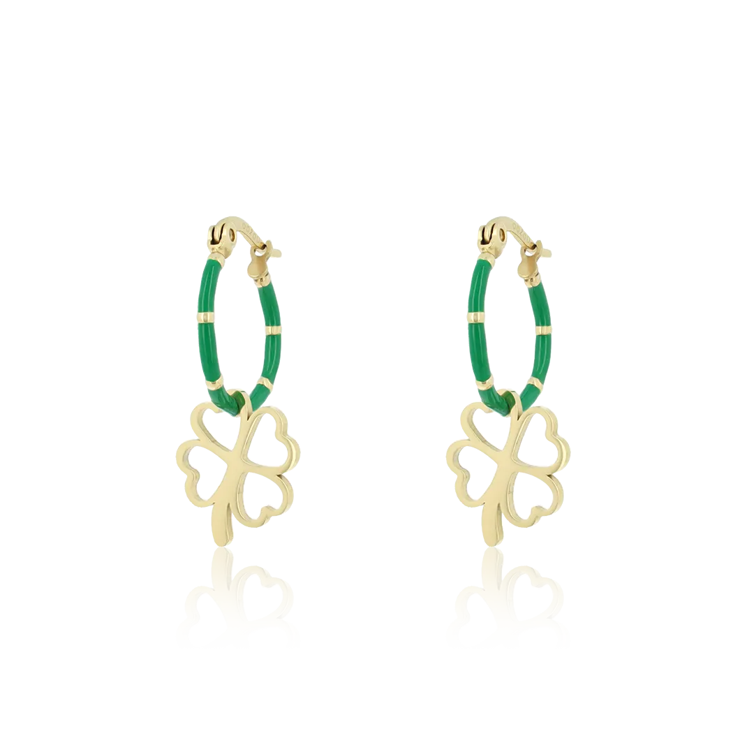 Gold coloured/green hoop earrings with a clover charm