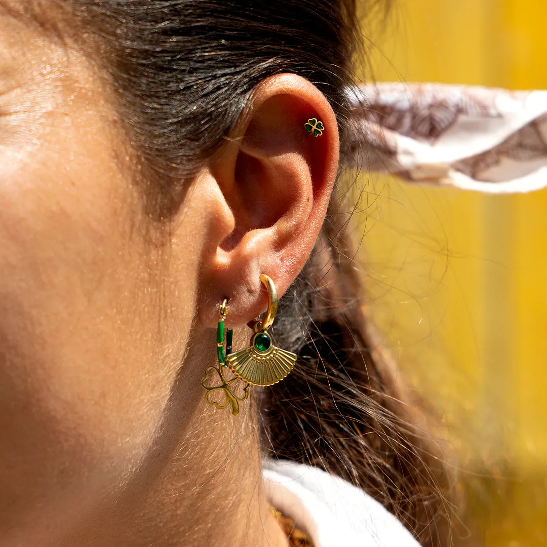 Gold coloured/green hoop earrings with a clover charm