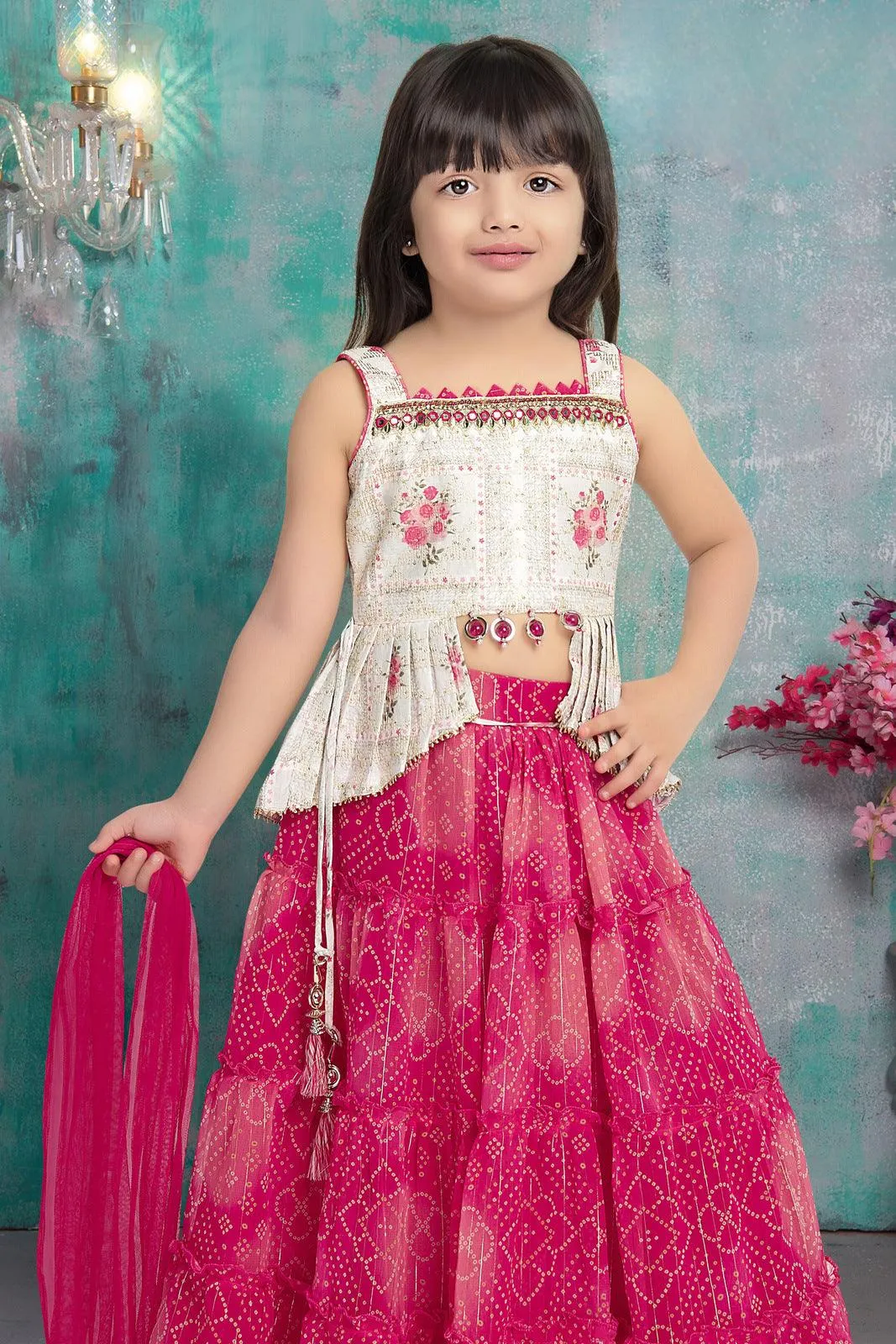 Half White with Pink Bandini Print, Zari, Sequins and Mirror work Lehenga Choli for Girls