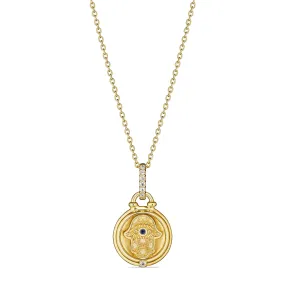 Little Luxuries Hamsa Medallion Necklace with Blue Sapphire and Diamonds in 18K