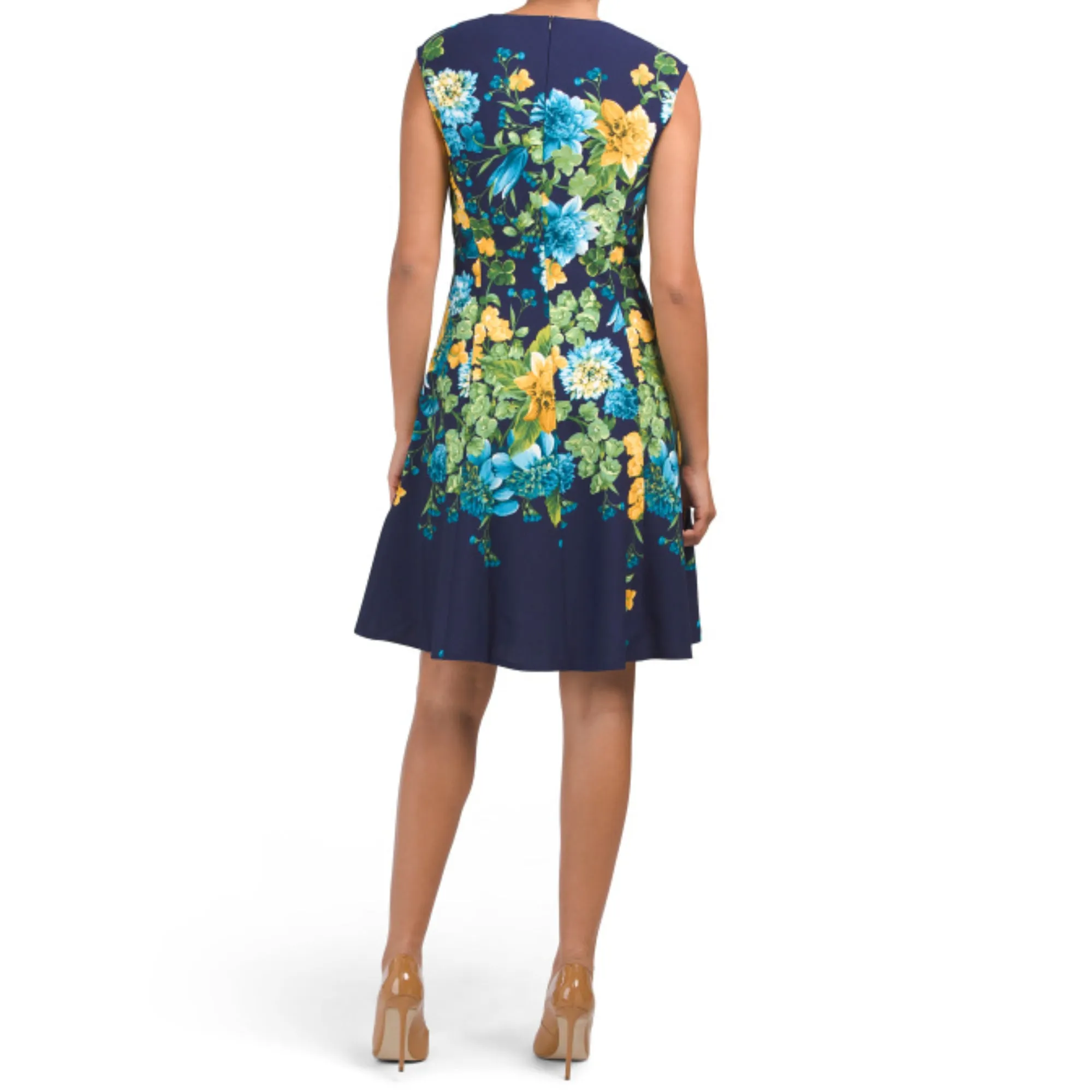 London Times Women's Floral Print Split Neck Fit & Flare Mini Dress