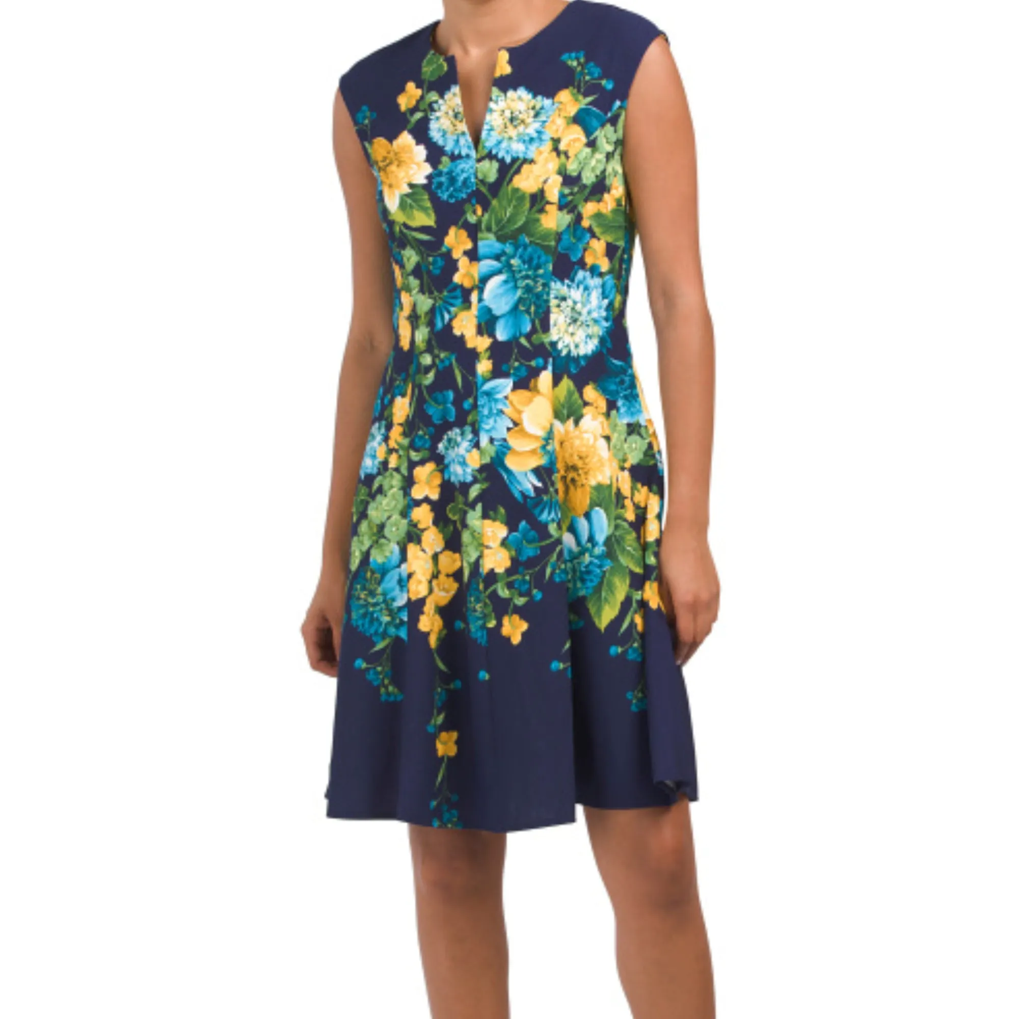 London Times Women's Floral Print Split Neck Fit & Flare Mini Dress