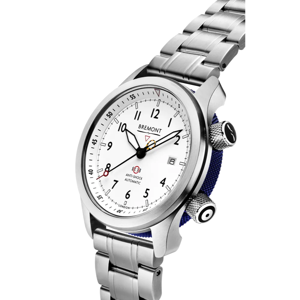 MBII Custom Stainless Steel, White Dial with Blue Barrel & Closed Case Back