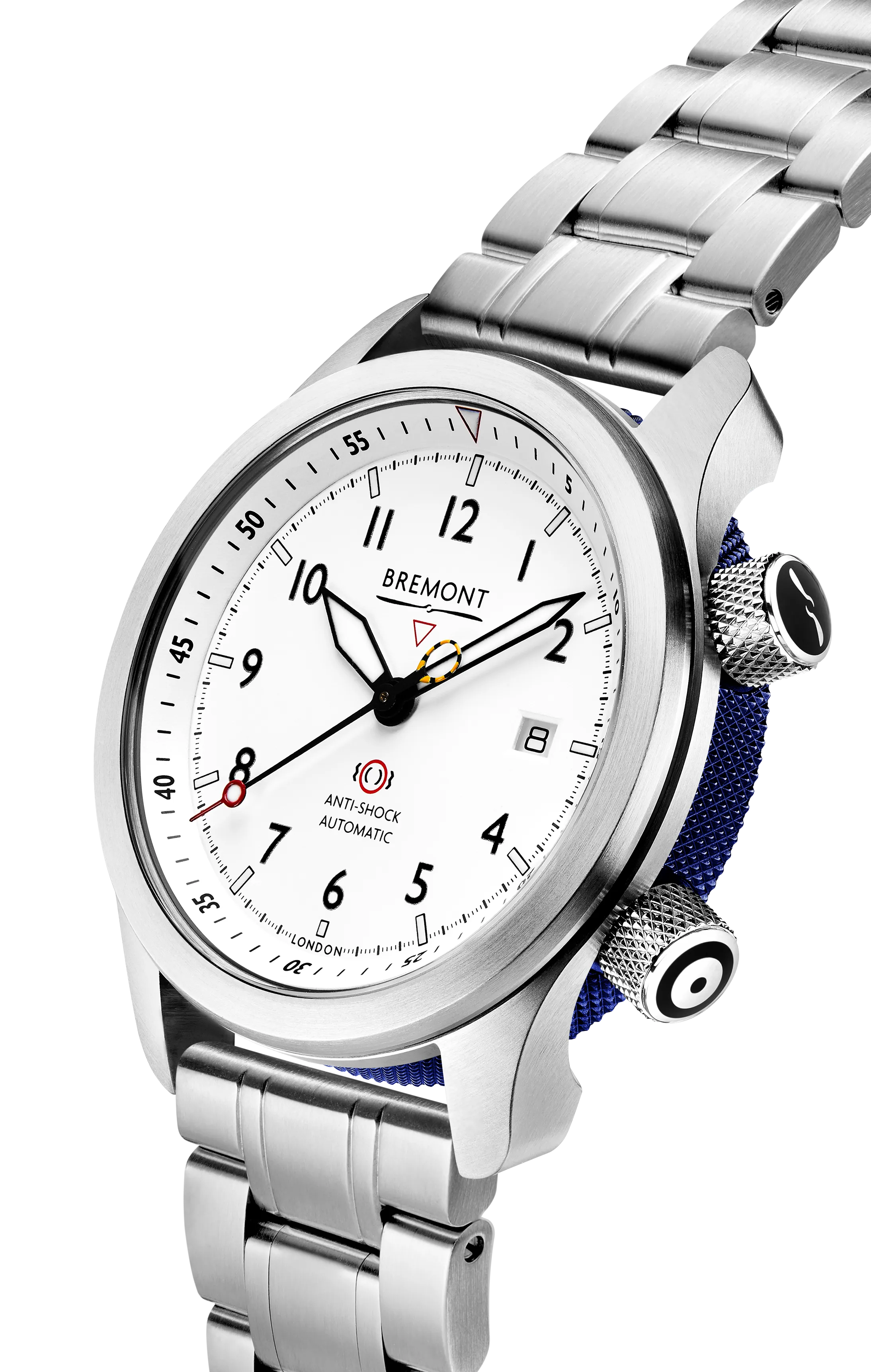 MBII Custom Stainless Steel, White Dial with Dark Blue Barrel & Open Case Back