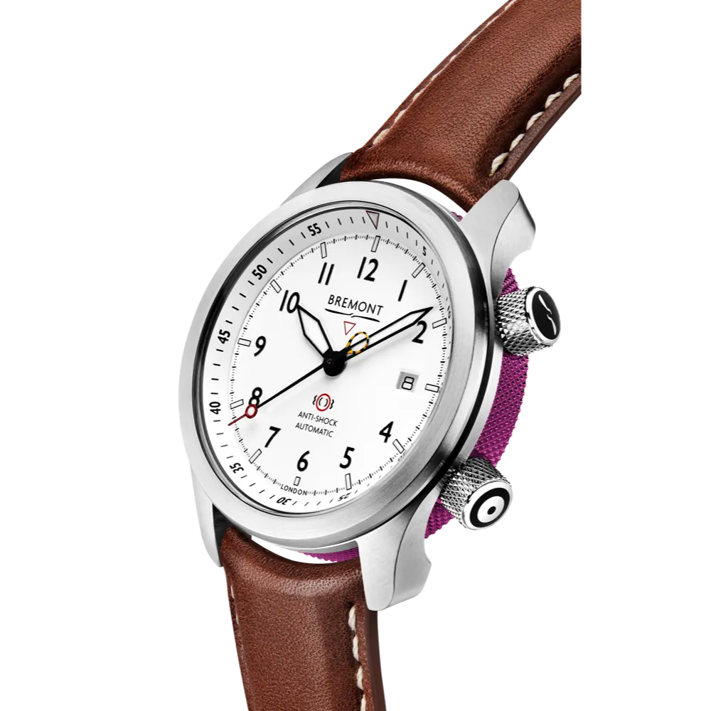 MBII Custom Stainless Steel, White Dial with Purple Barrel & Closed Case Back