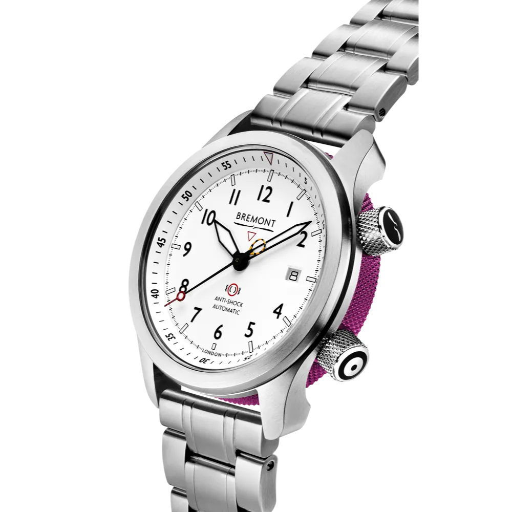 MBII Custom Stainless Steel, White Dial with Purple Barrel & Closed Case Back