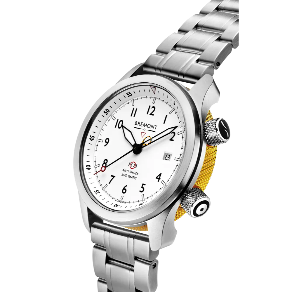 MBII Custom Stainless Steel, White Dial with Yellow Barrel & Open Case Back