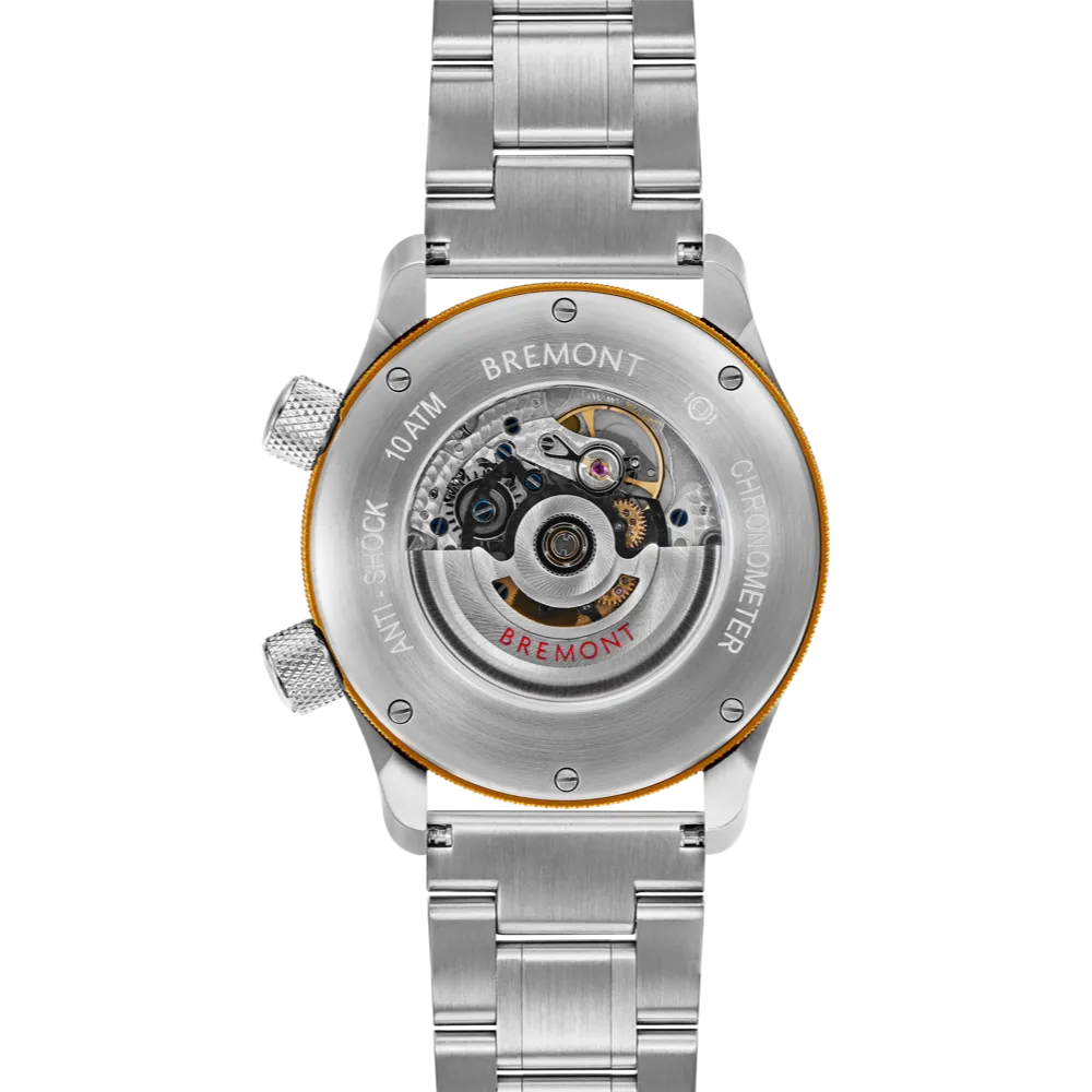 MBII Custom Stainless Steel, White Dial with Yellow Barrel & Open Case Back