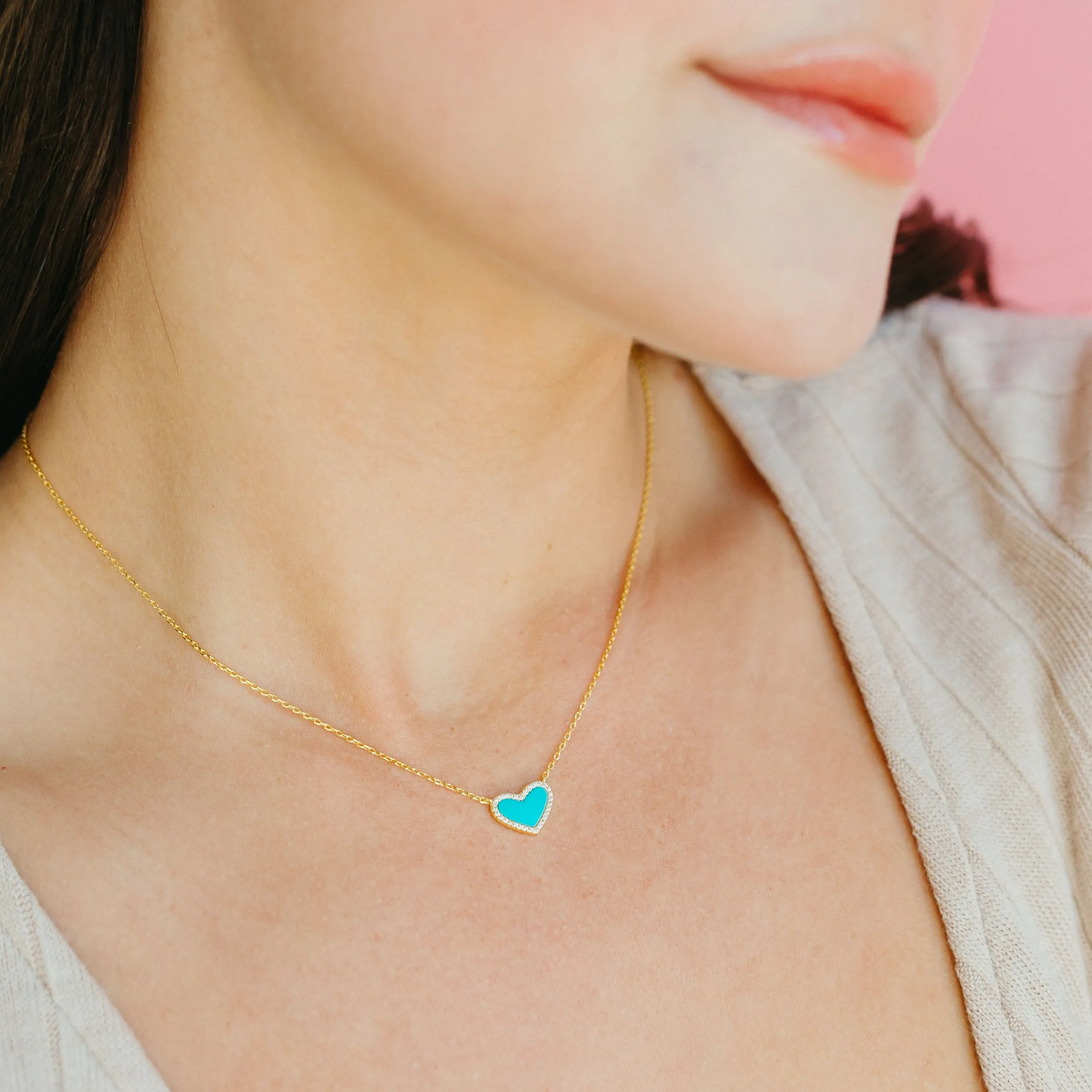 Mini Turquoise Heart Necklace with White Crystal Pave