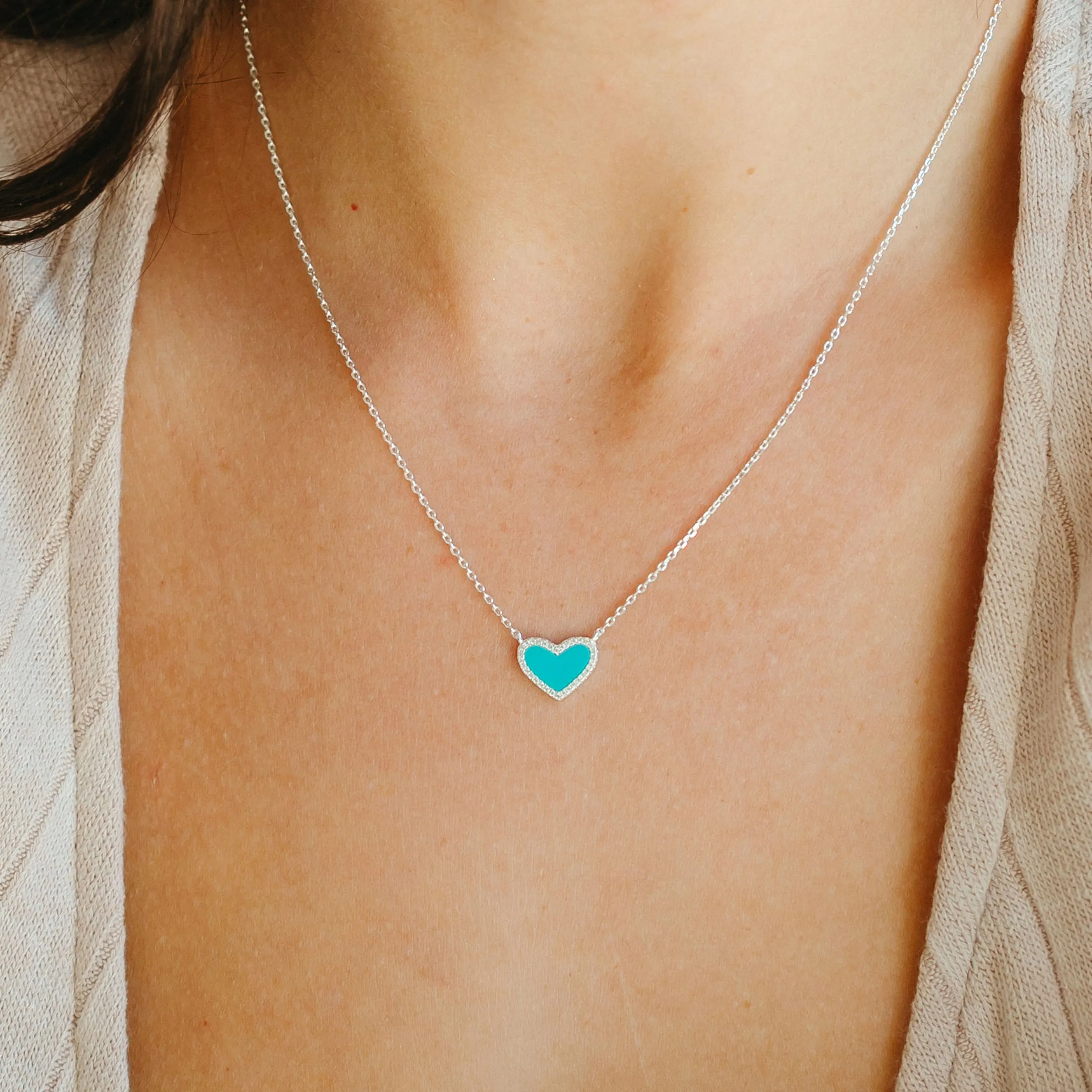 Mini Turquoise Heart Necklace with White Crystal Pave