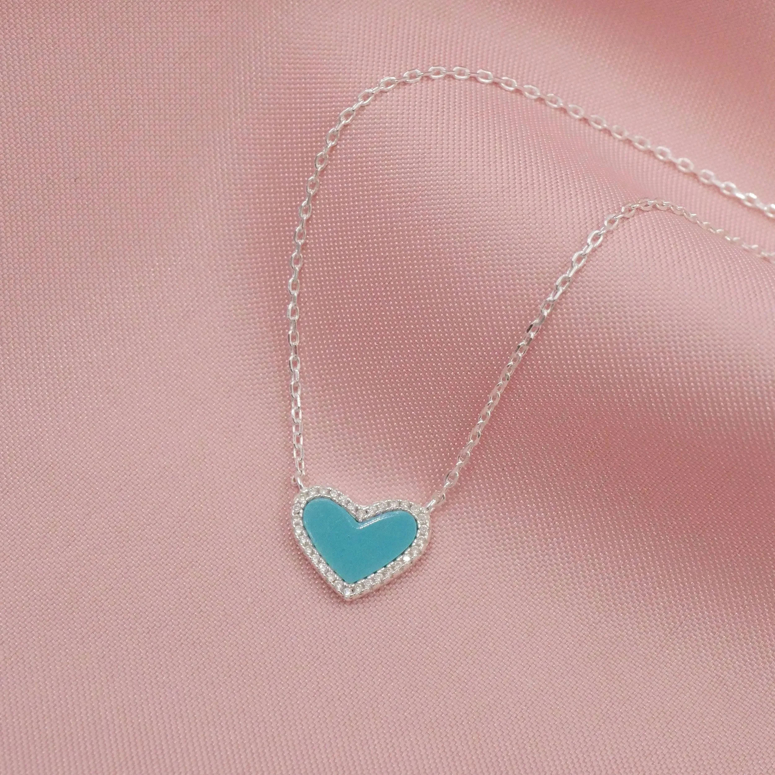 Mini Turquoise Heart Necklace with White Crystal Pave