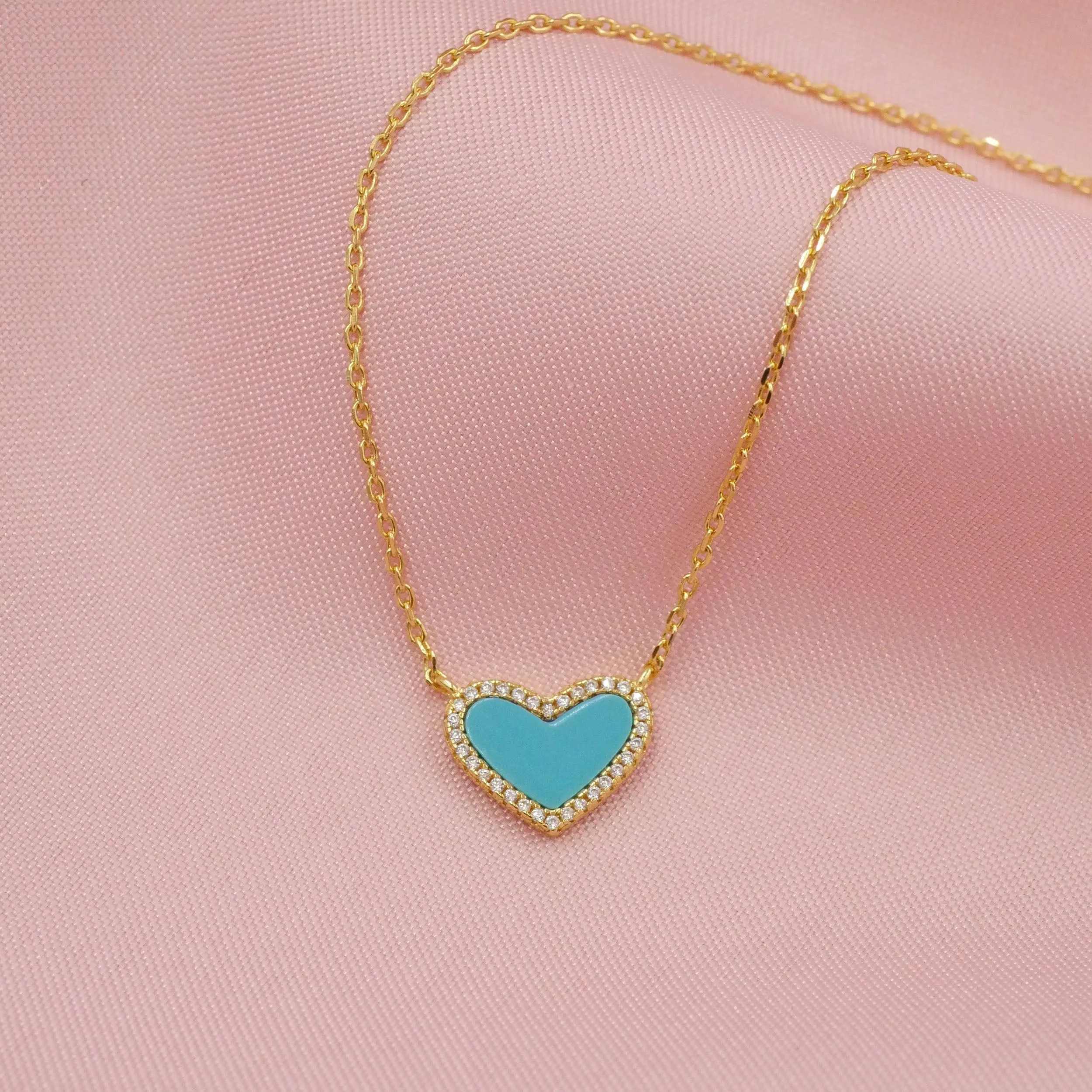 Mini Turquoise Heart Necklace with White Crystal Pave