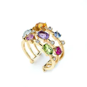 Multi coloured gemstones 18k yellow gold Triple row ring