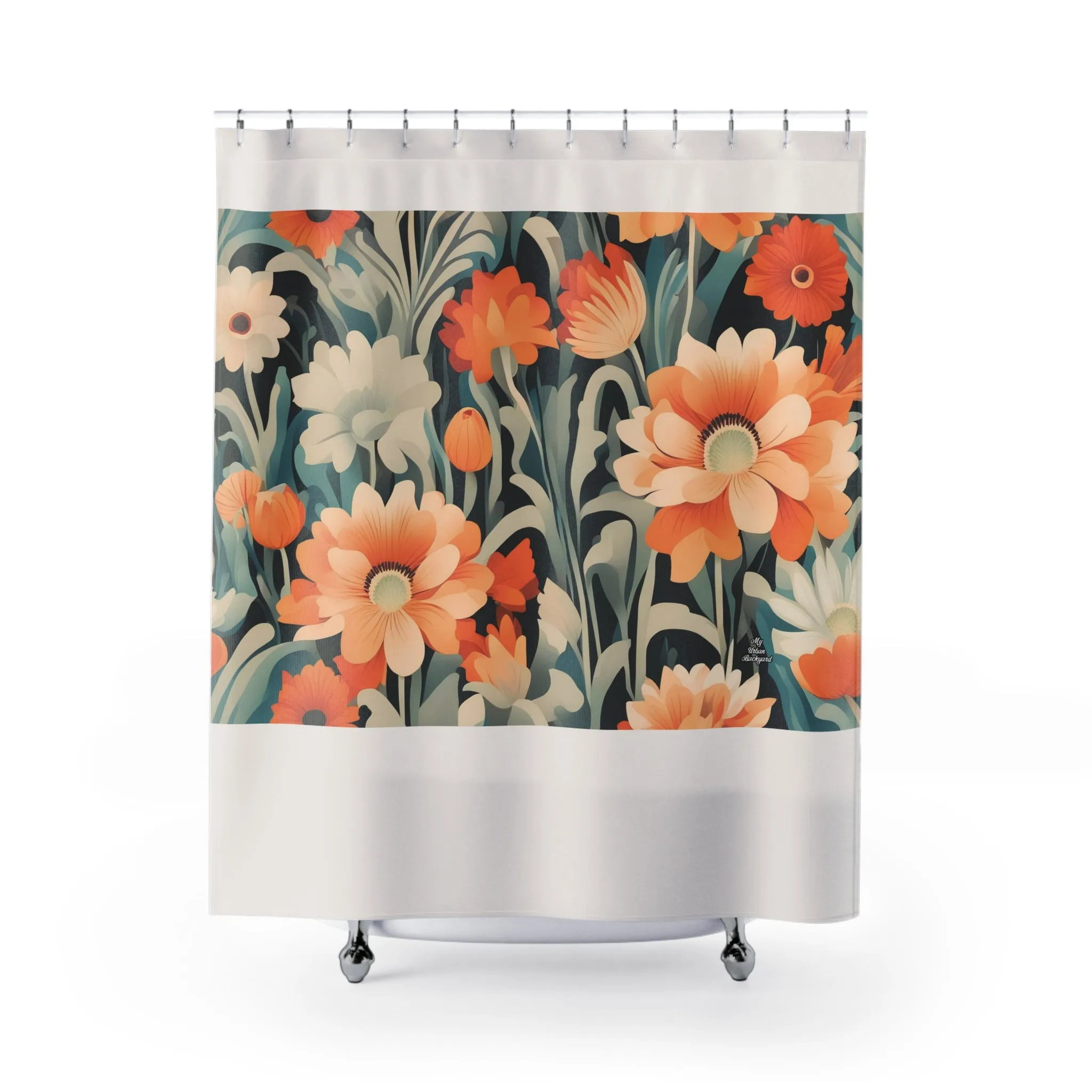 Orange and White Flowers, Shower Curtain, Cream accent color - 71" x 74"