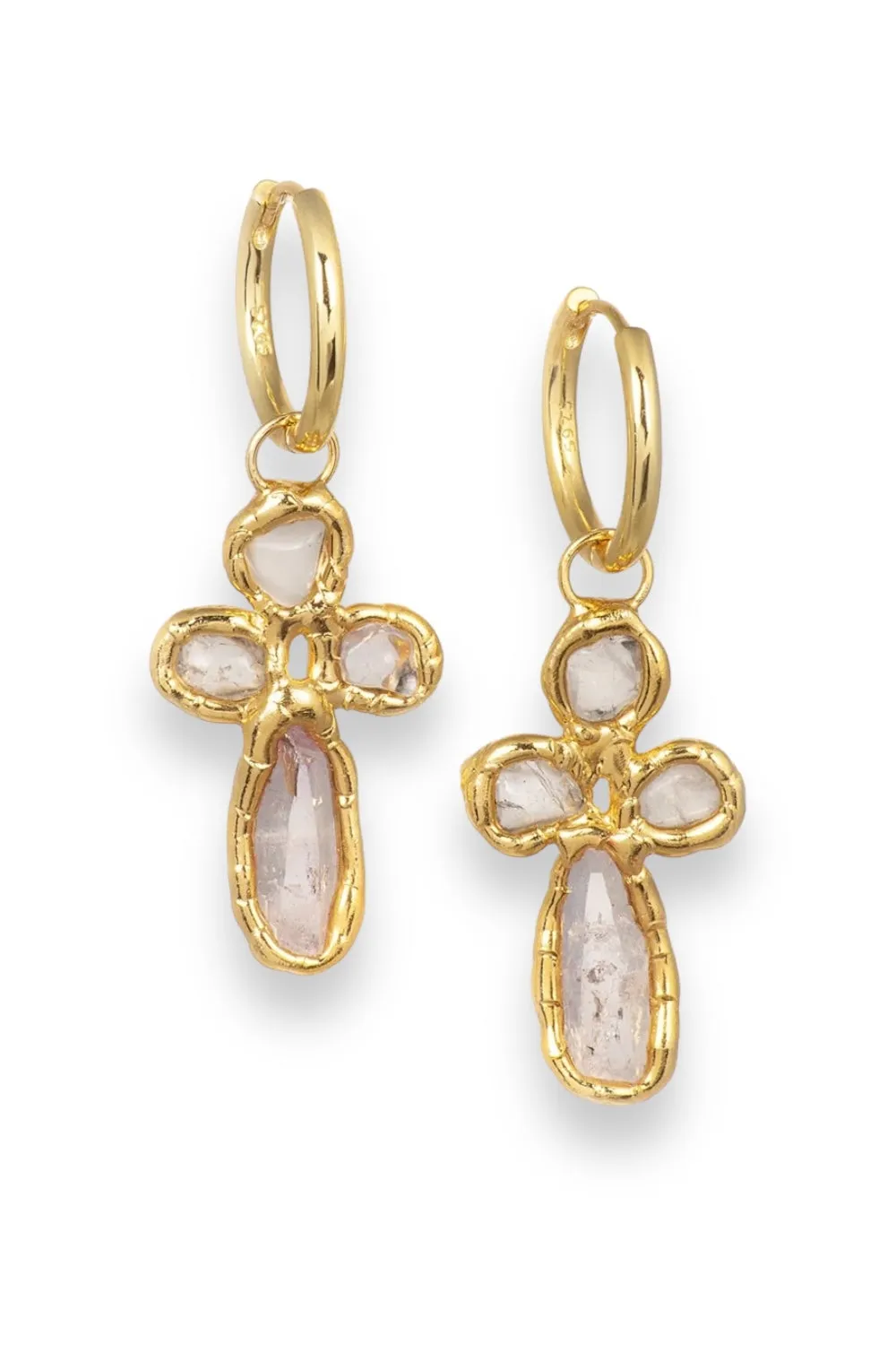 Quartz Cross Hoops in Gold