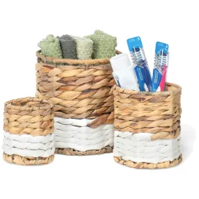 Red Co. 7”, 5”, and 4” Round Nesting Two-Tone Hand-Woven Seagrass Basket Bins Set of 3, Beige / White